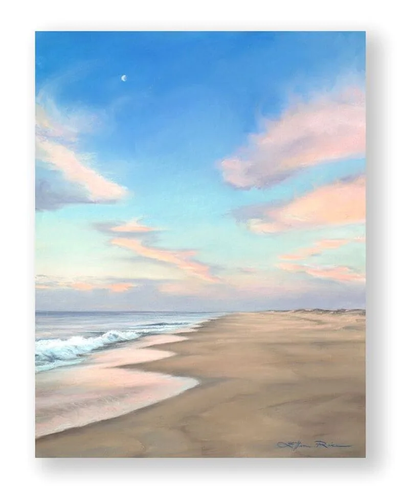 Peaceful pastel painting of a sandy shoreline with the sky's twilight peaches and blues reflected in the gentle ocean water.