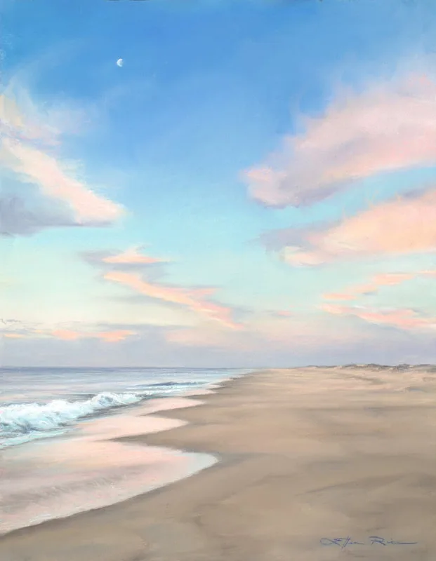 Pastel shore painting with cloud colors reflected in the ocean surf, sand and sea foam.