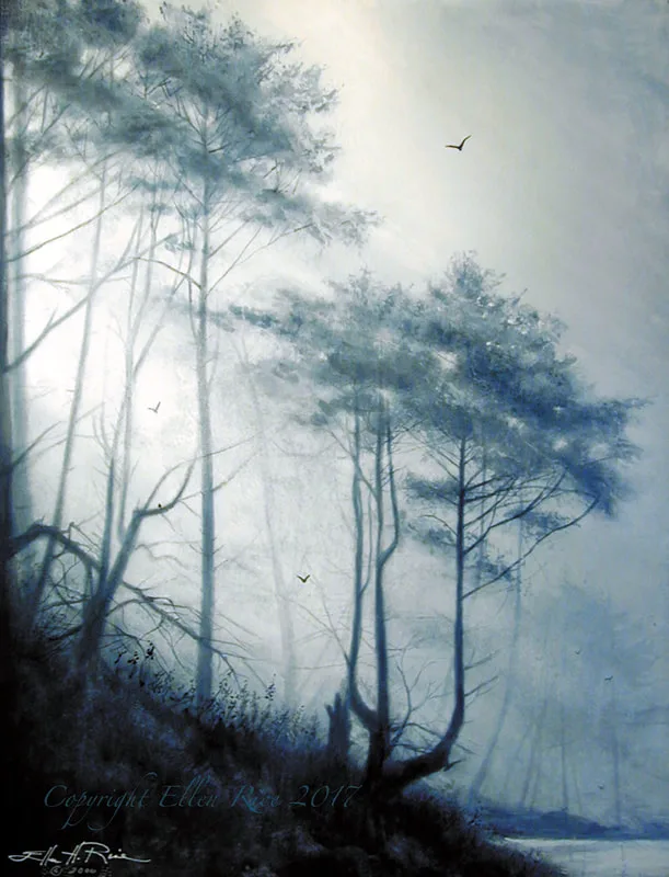 Light filters gently through a misty woods down a hillside toward a pond in this watercolor painting by Ellen Rice.