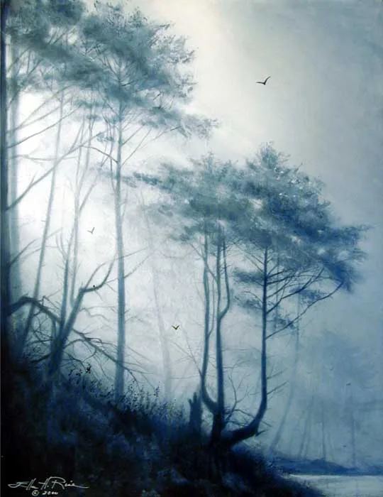 Light filters gently through misty woods in this tranquil watercolor painting and prints by Ellen Rice.