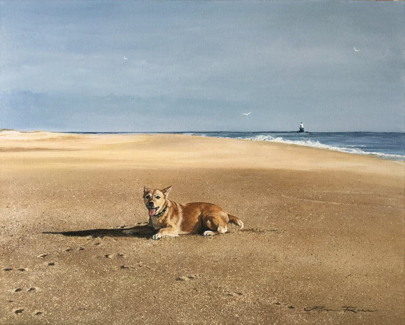 This is an oil portrait of a client's beloved dog who passed on, painted from separate photos of the dog and the beach.