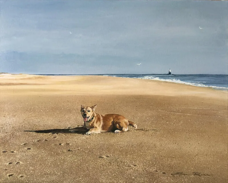 This is an oil portrait of a client's beloved dog who passed on, painted from separate photos of the dog and the beach.