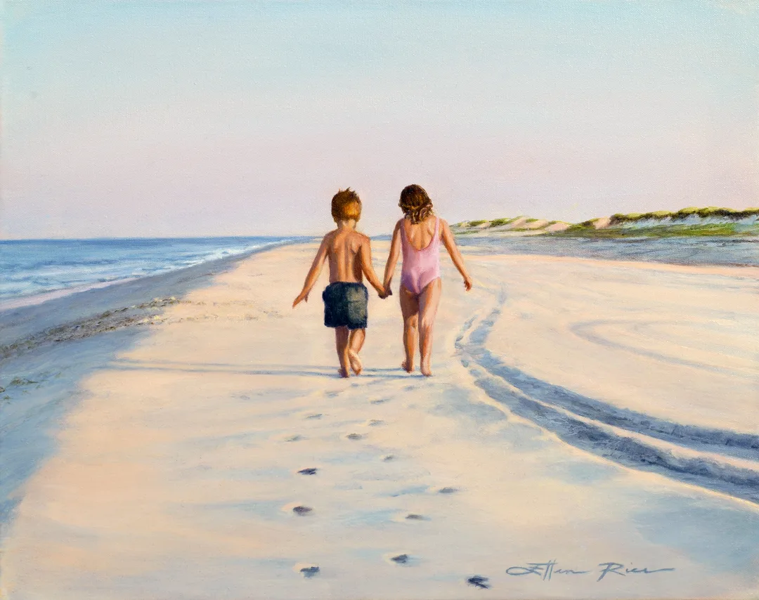 A brother and sister holding hands as they walk along the beach, lit by the soft colors of twilight in Ellen Rice's painting, 