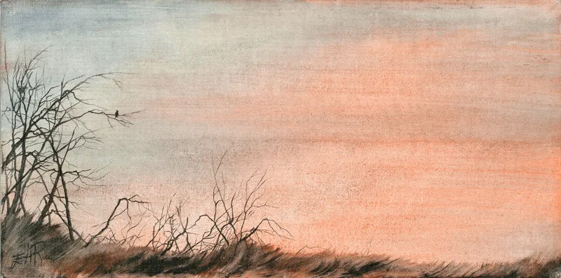 A songbird sings on a barren branch while it watches a beautiful sunset of soft peaches and rose colors in this oil painting.