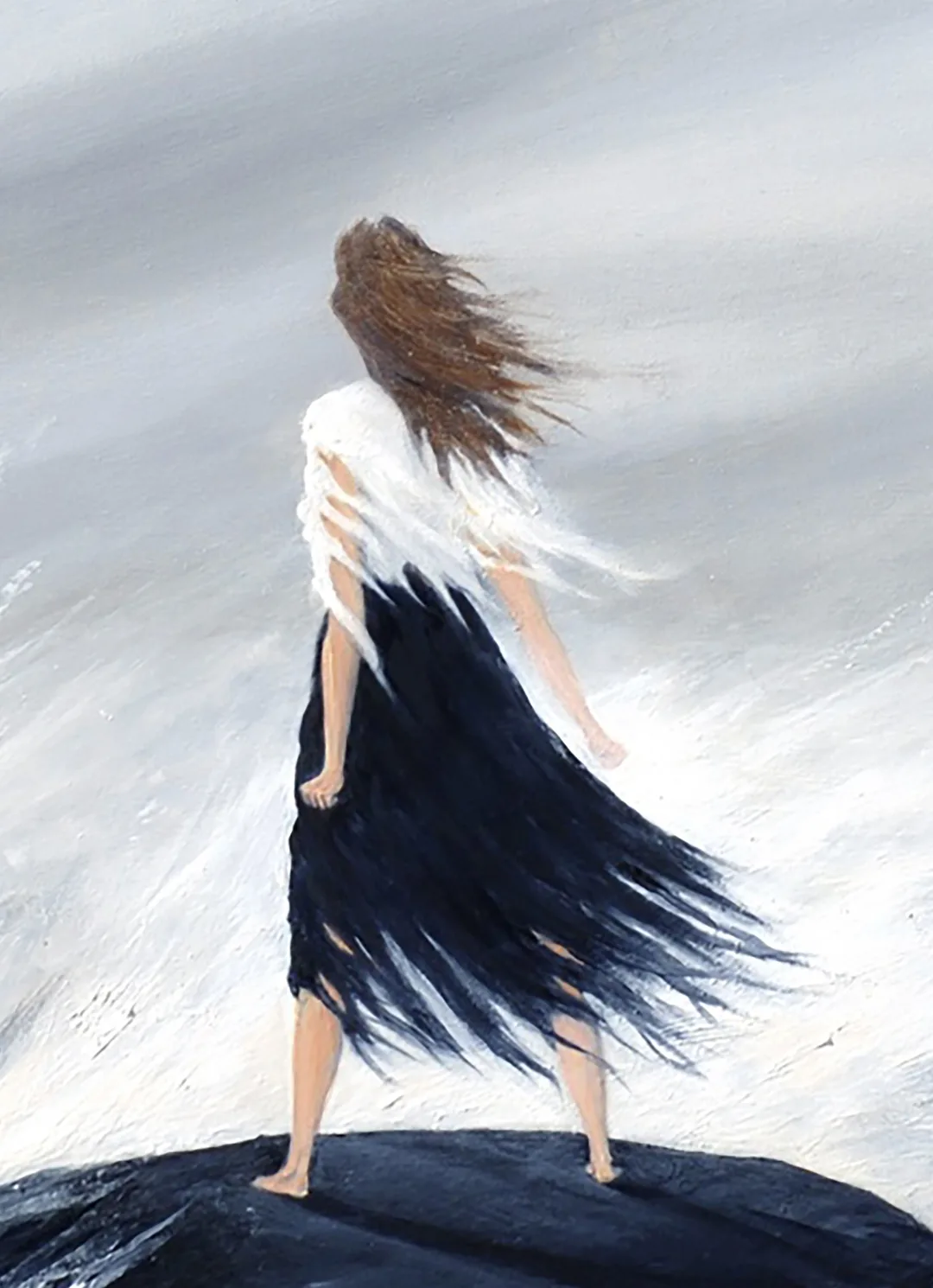 A woman stands on a slippery rock, fists closed at her sides,  clothes in tatters, facing into the raging winds and sea, standing strong.
