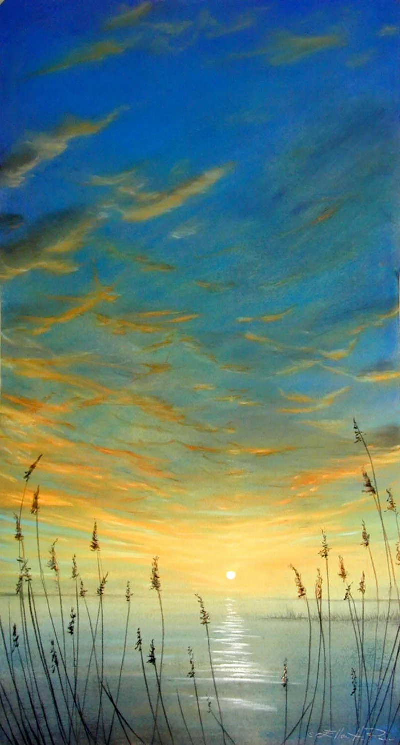 In this vibrant  blue and gold pastel painting, the deep blue sky is on fiire with golden highlights from the sun setting over the bay and marsh grasses.