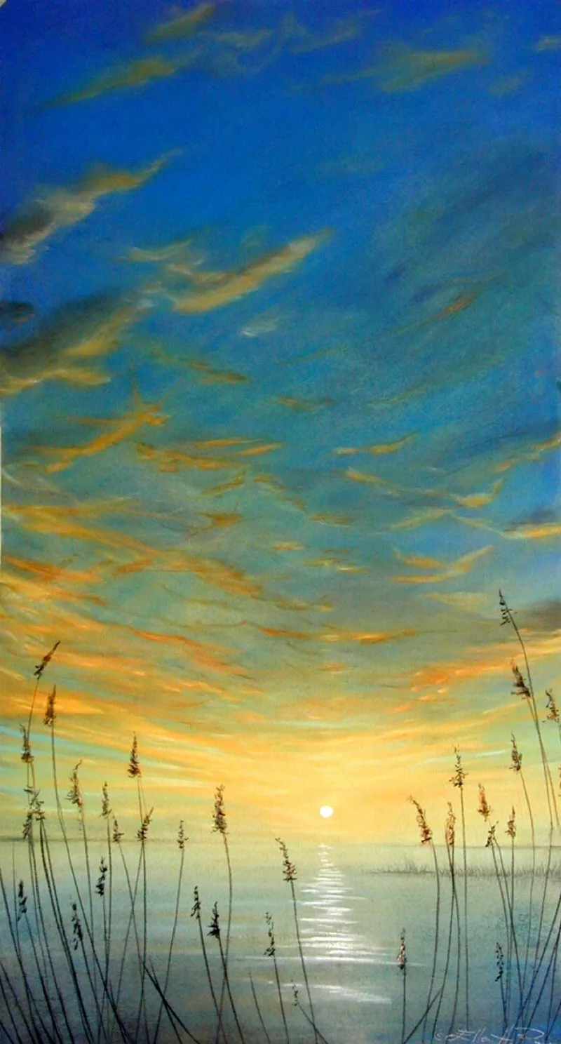 Giclee print on paper or canvas of brightly colored radiat sunset through tall marsh grasses.