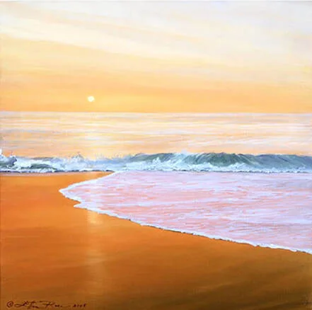 Sunlight floods the shore and surf with golden light in this Ellen Rice painting of the Delaware coast.