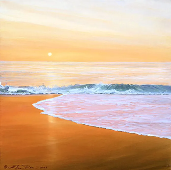 A golden sunrise over the Atlantic Ocean is captured in oils by Delaware contemporary fine artist Ellen Rice.