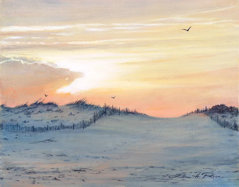 In this painting, the sky is radiant in golds and peaches as the sun sets on the far side of a tall dune with a vehicle pathway clear between curved lines of dune fence. Seagulls soar in the distance, flying toward the sun.