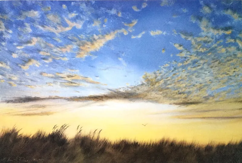 Vibrant blues and golds of a sky that looks like it goes on forever illuminates this painting by Ellen Rice.