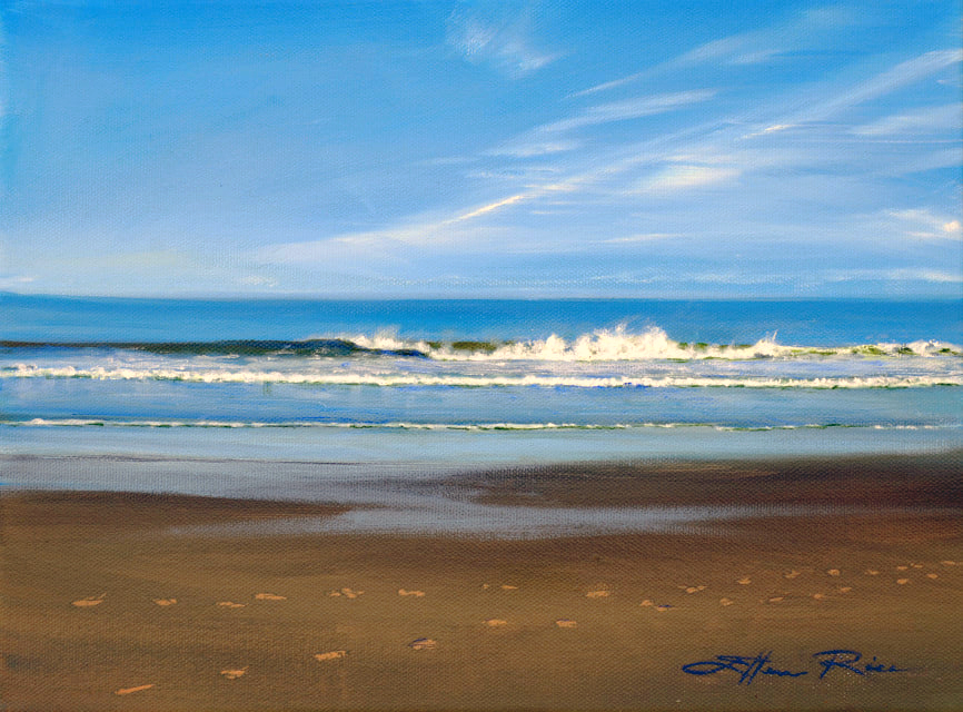 Two sets of footprints combine into one telling a story of their on in Ellen Rice's peaceful off-season beach painting 