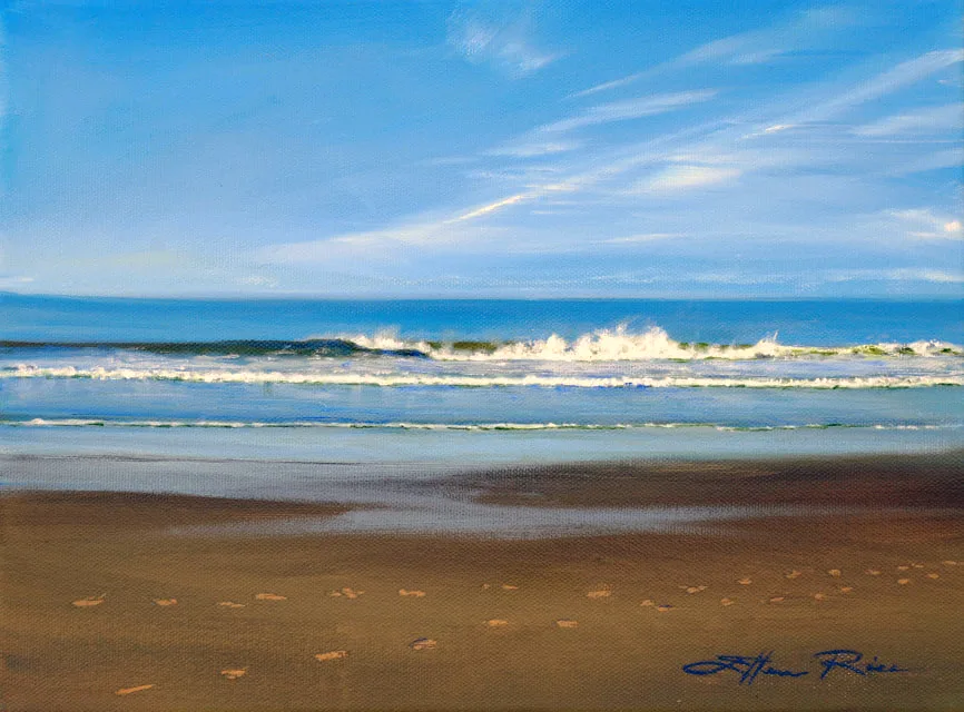 Two sets of footprints combine into one telling a story of their on in Ellen Rice's peaceful off-season beach painting 