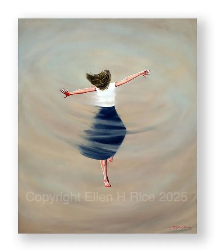 A woman joyously lets go of things that hold her back and moves forward, spinning, arms flung out, in 