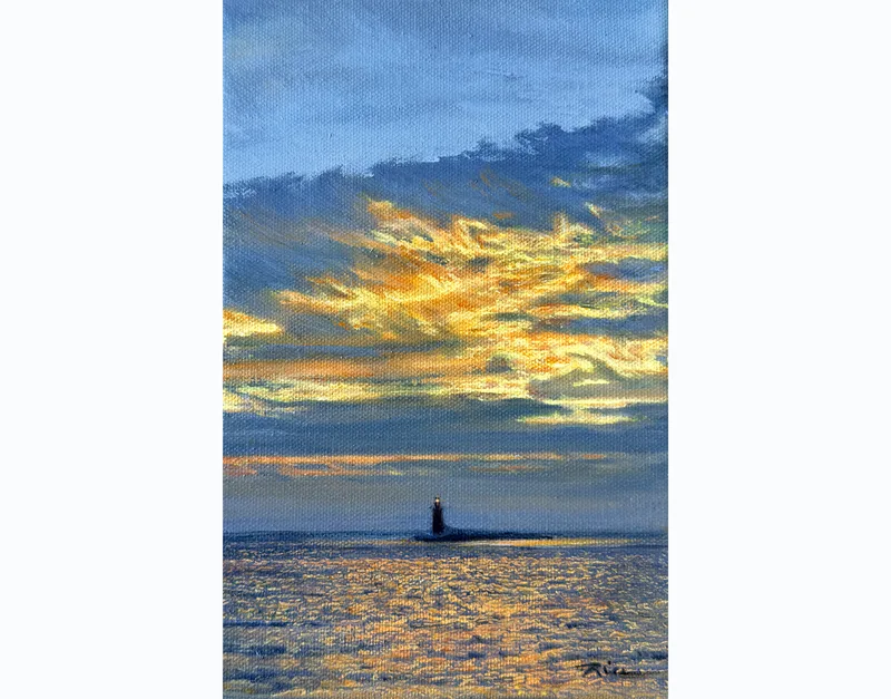 A lighthouse is silhouetted against golden clouds  at sunset in this painting..