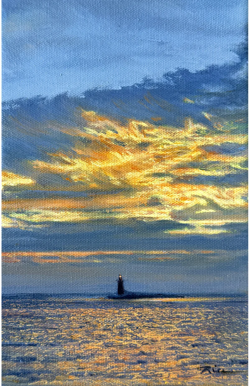This painting in oils glows with the radiant color of reflected light from the setting sun. The water sparkles in front of the sihouetted Outer Breakwater Lighthouse at Cape Henlopen, Lewes, Delaware.