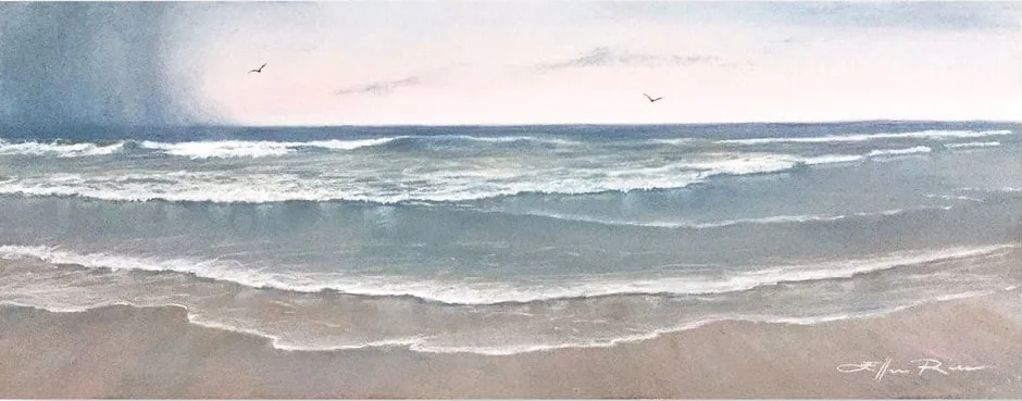 In this chalk pastel painting of a softly colored dawn over the Mid-Atlantic shore, a rain storm is 