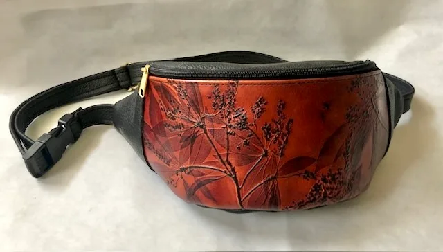 Leaf Leather Lilly Belt Bag in brown leaf pattern.