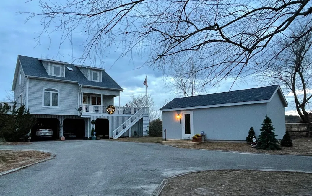 Evening photo looking up the driveway to artist Ellen Rice's studio & gallery.