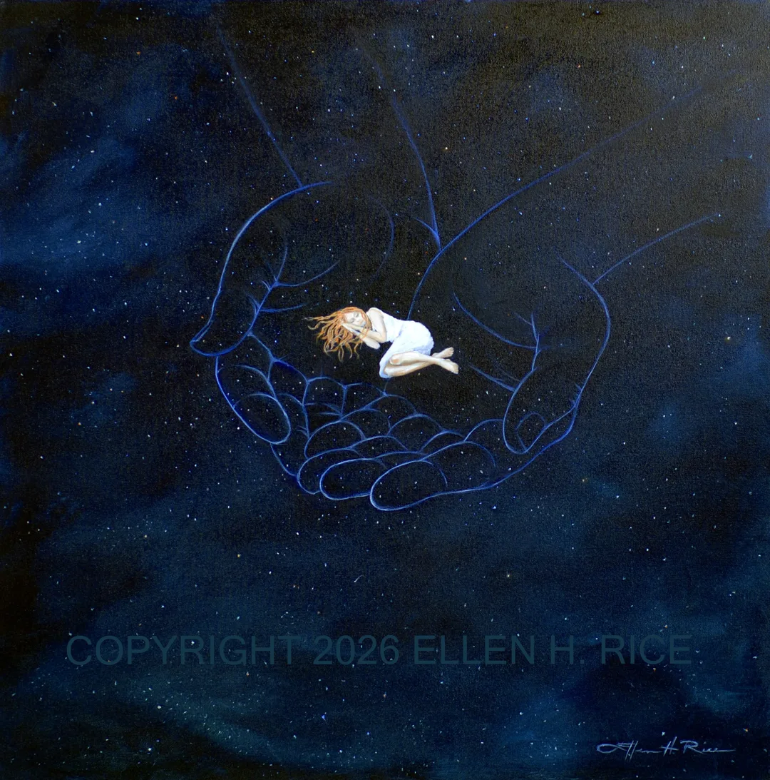 Comforting painting of a woman resting in God's hands, outlined in sky colors amid night sky and stars. 