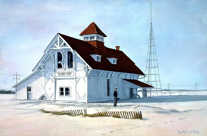 Put out of commission by back to back nor-easters, this painting depicts the last commander of a U.S. Coast Guard Station  taking a last look out to sea.