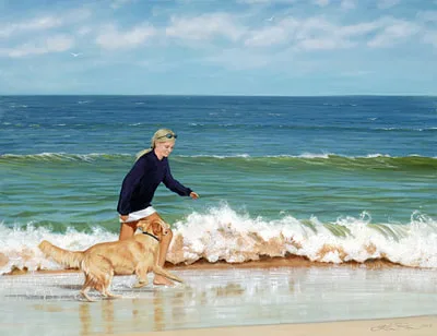 A young woman and her Golden Retriever oil portrait of them running on the beach.