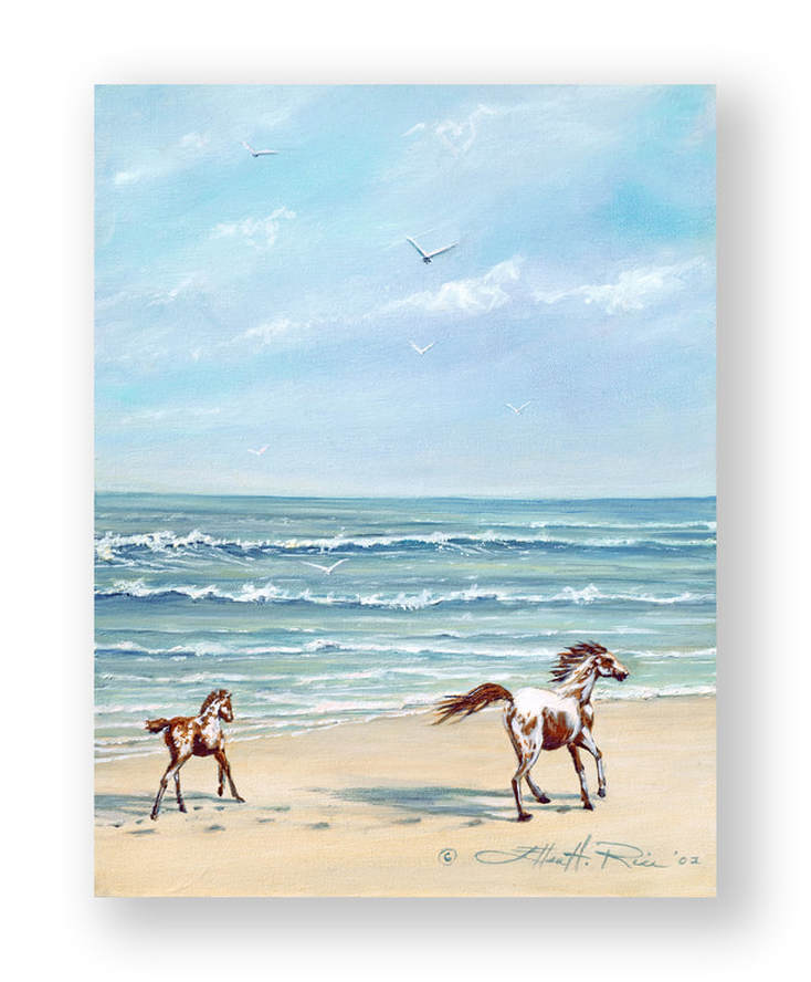 A Chincoteague Island mare and foal frolic in the surf at Assateague Island in this painting.