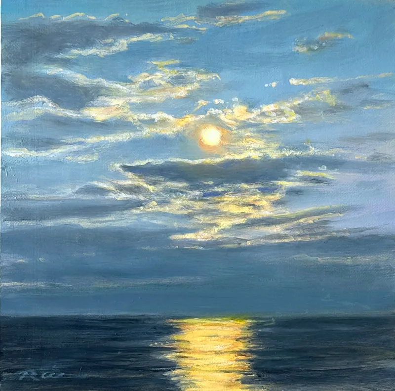 Moonlight shines a path over ocean waters and gilds the edges of clouds in this small painting called 