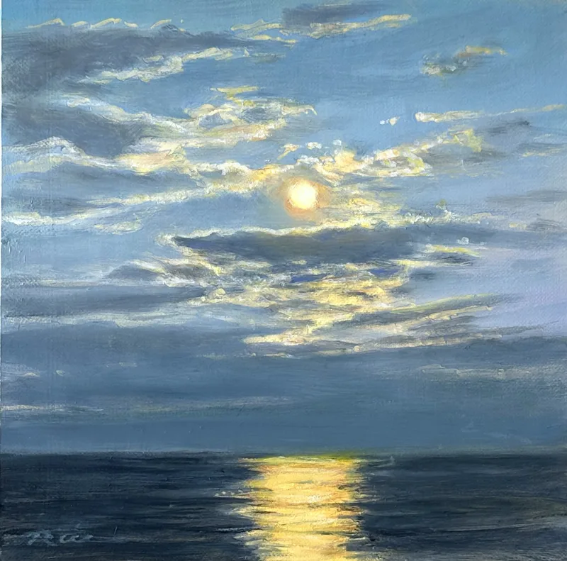 Moody oil painting of the moon highlighting a lacework of clouds over the ocean.