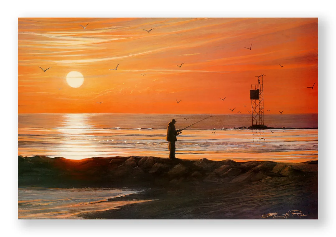 In this painting, a fisherman stands on the north jetty of Indian River Inlet waiting for the first tug on his line as the sun rises behind him, setting the sky and reflections in the water aflame.