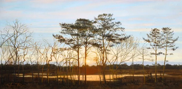 The sun rises beyond silhouetted trees and marshland and glistens across a bay tributary in this oil painted view from artist Ellen Rice's front porch. 