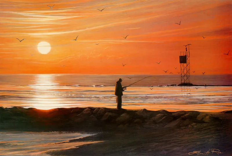 A lone fisherman is silhouetted against a luminous red sky at morning reflected on a fast moving inlet current painted by Ellen Rice.