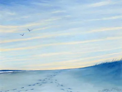 Two sets of footprints in the sand combine into one as they travel toward golden light on the horizon, while two seagulls fly over the beach in this peaceful setting. Prints are often a wedding or anniversary gift.