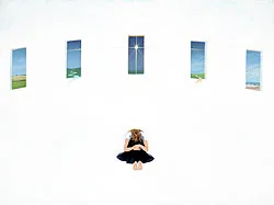 Painting showing a woman in a white space with windows surrounding her and revealing different pathways to be free of life's challenges if she'll only raise her head and open her eyes to them.