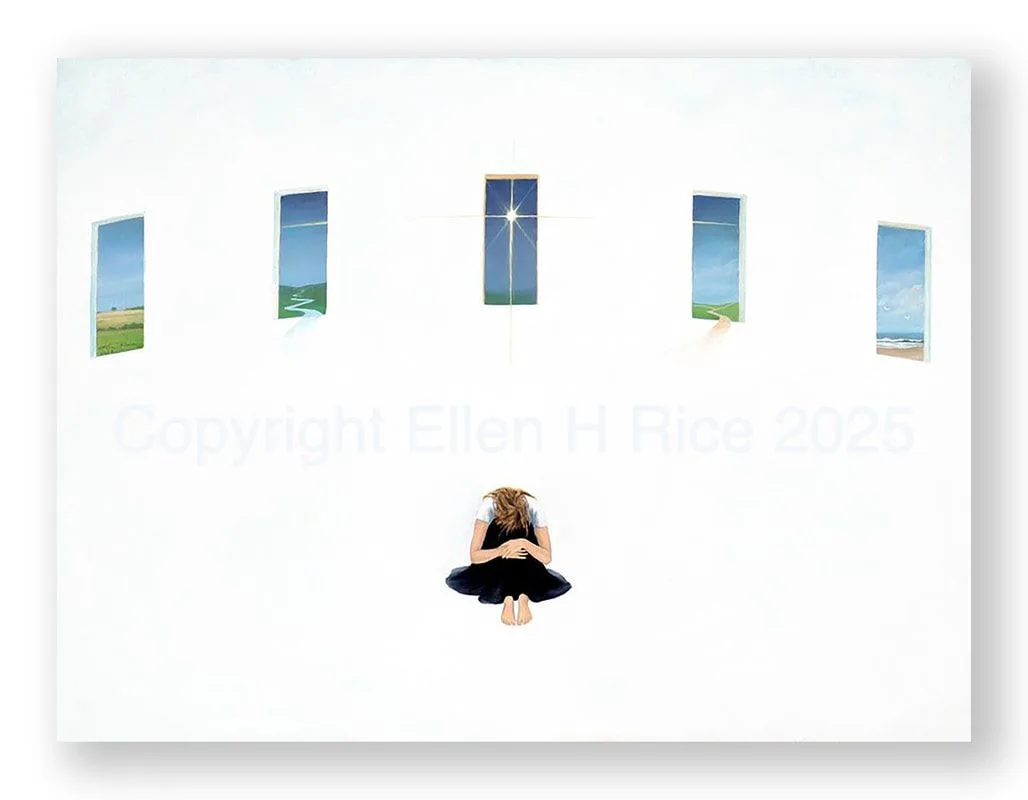 Painted vision of answer to crises seen in prayer with windows appearing behind and around the woman showing ways out.