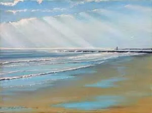 The sun sends rays of light down, lighting the waters and beach on the north side of Indian River Inlet in this painting. 