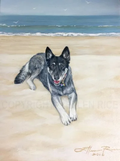 Portrait in oils of Shepherd mix on the beach.