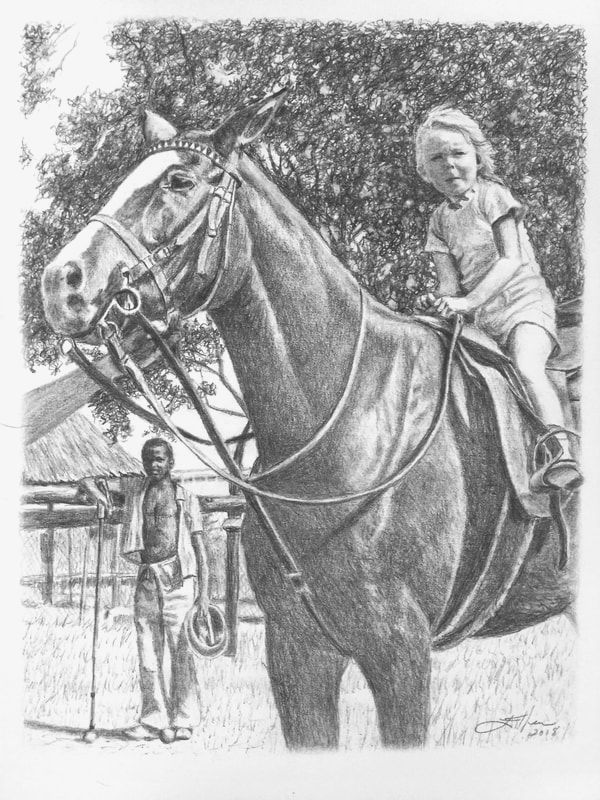 Drawing of a child learning to ride on a horse much larger than she. A groom stands by in the background.