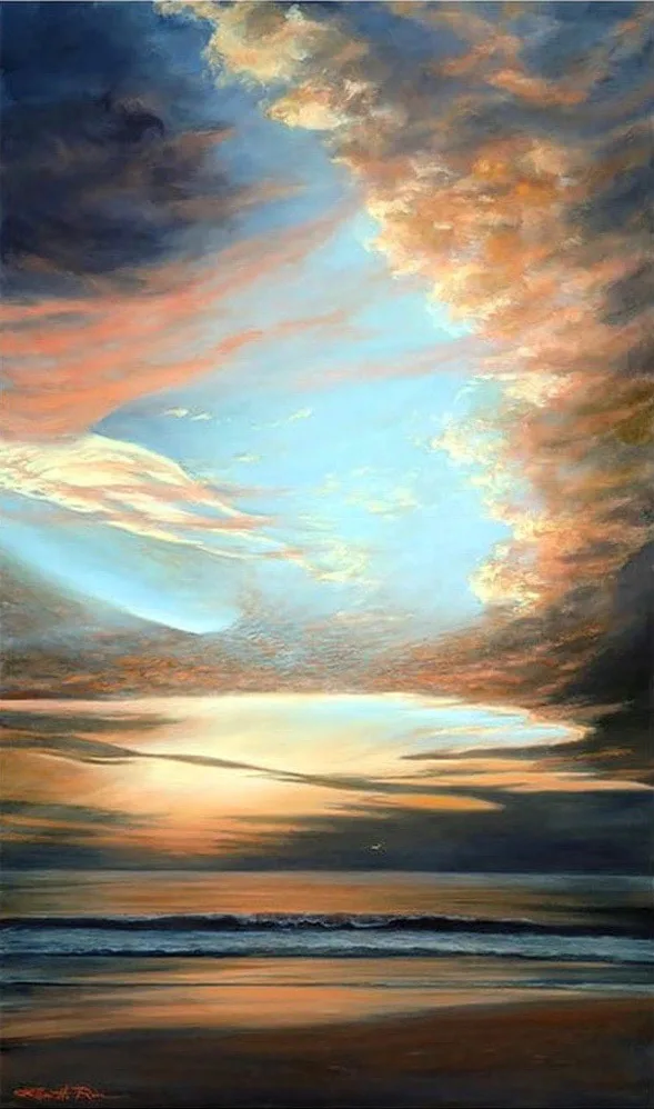 Dramatic clouds highlighted in rich golds part, revealing sunlight and blue skies beyond  in this 5 foot oil painting by Ellen Rice.