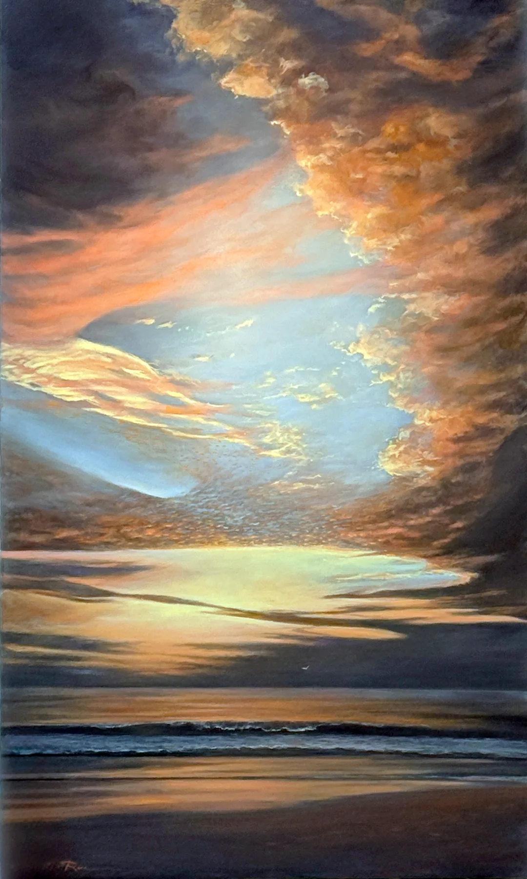 Painting of towering, sun-gilded, backlit clouds over a calm ocean, with one seagull in the distance.