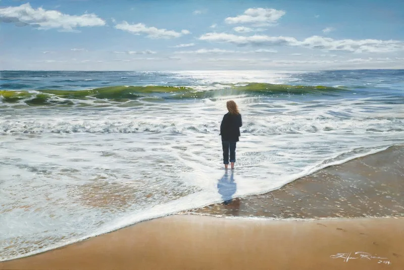 Contemplative realistic oil painting and prints of a woman standing in the surf watching the sun rise as seafoam washes over her feet.