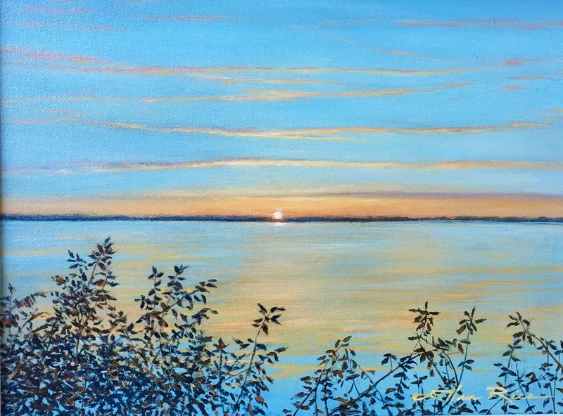 Vivid setting sun with clouds looking like ribbons of gold across the sky and bay waters sihouetted against foreground in this oil painting.leaves.