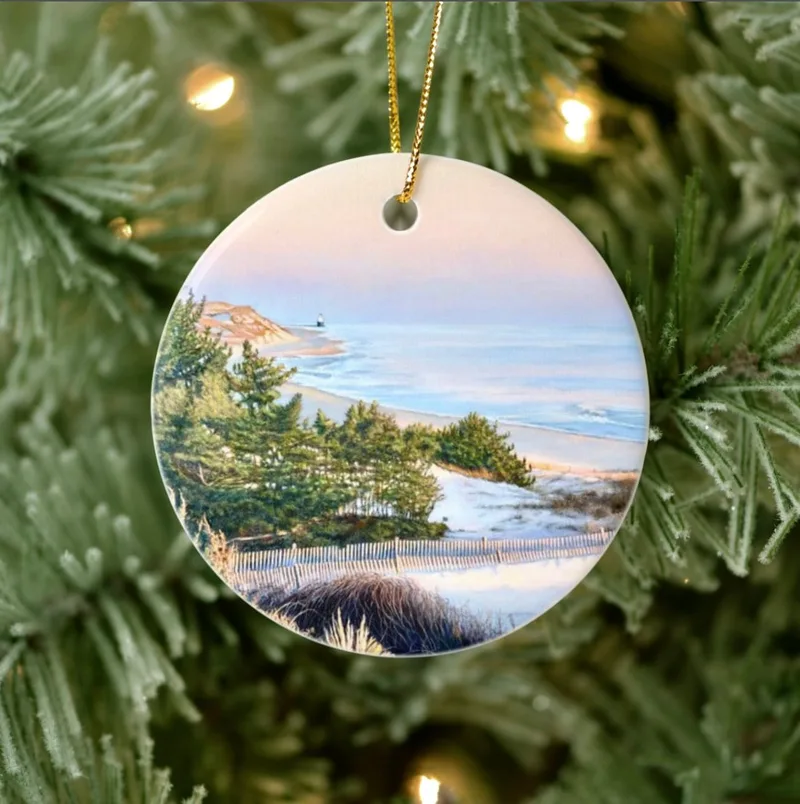 New for 2024 - Sunrise bathes beach path, dune and lighthouse in a rosy glow in the "Dawn at Herring Point" (Cape Henlopen) porcelain ornament