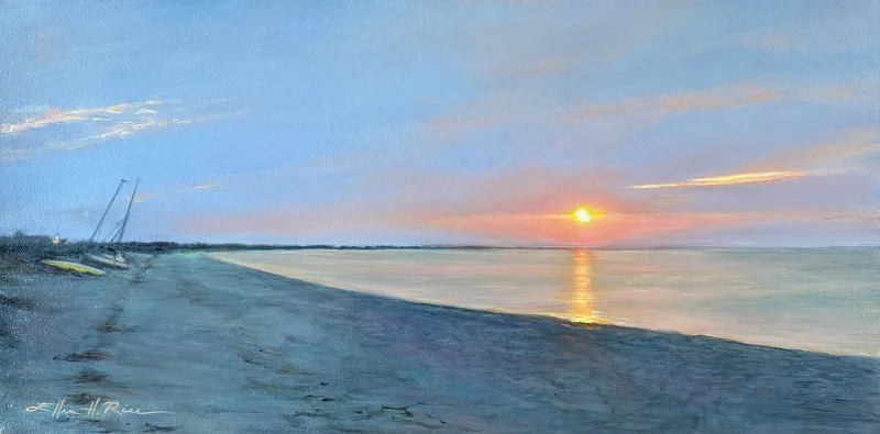 Giclee print on paper or canvas of glowing sunset along the coast of Lewes Delaware.