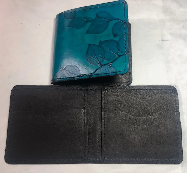 Leaf Leather credit card wallet shown in teal.