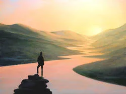 A woman standing on a large rock overlooking a winding river toward the sun, symbolically looking over her life's journey with new perspective.