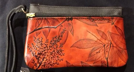 Leaf Leather Large Wristlet with two zippers.