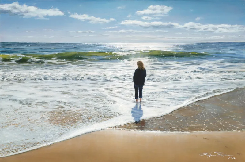 In this painting a woman stands in the surf looking out to sea and the reflections of the morning sun.