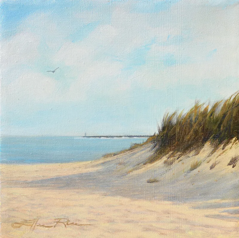 Oil painting  by Ellen Rice of a view of the ocean beyond a beach dune on a sunny day.