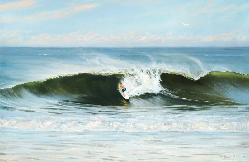 Sea spray flies in an oil painting by Ellen Rice of a surfer rides an unusually large wave off the Delaware coast as a hurricane goes out to sea in beautiful dusk light.